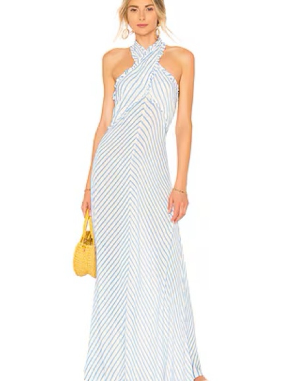 Tularosa Light Blue and White Striped Twist-Halter Maxi Dress